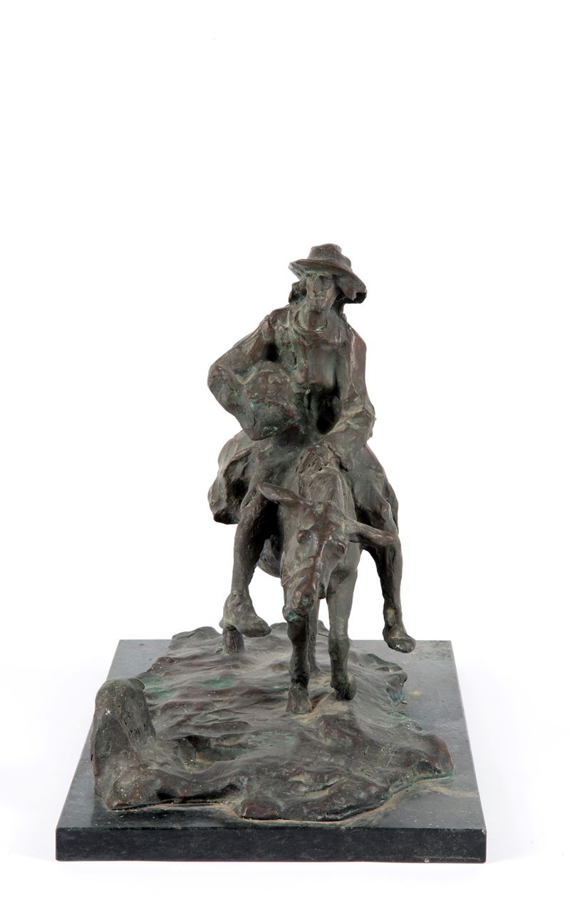 Michele Vedani - Uomo sul mulo, scultura in bronzo con base in marmo