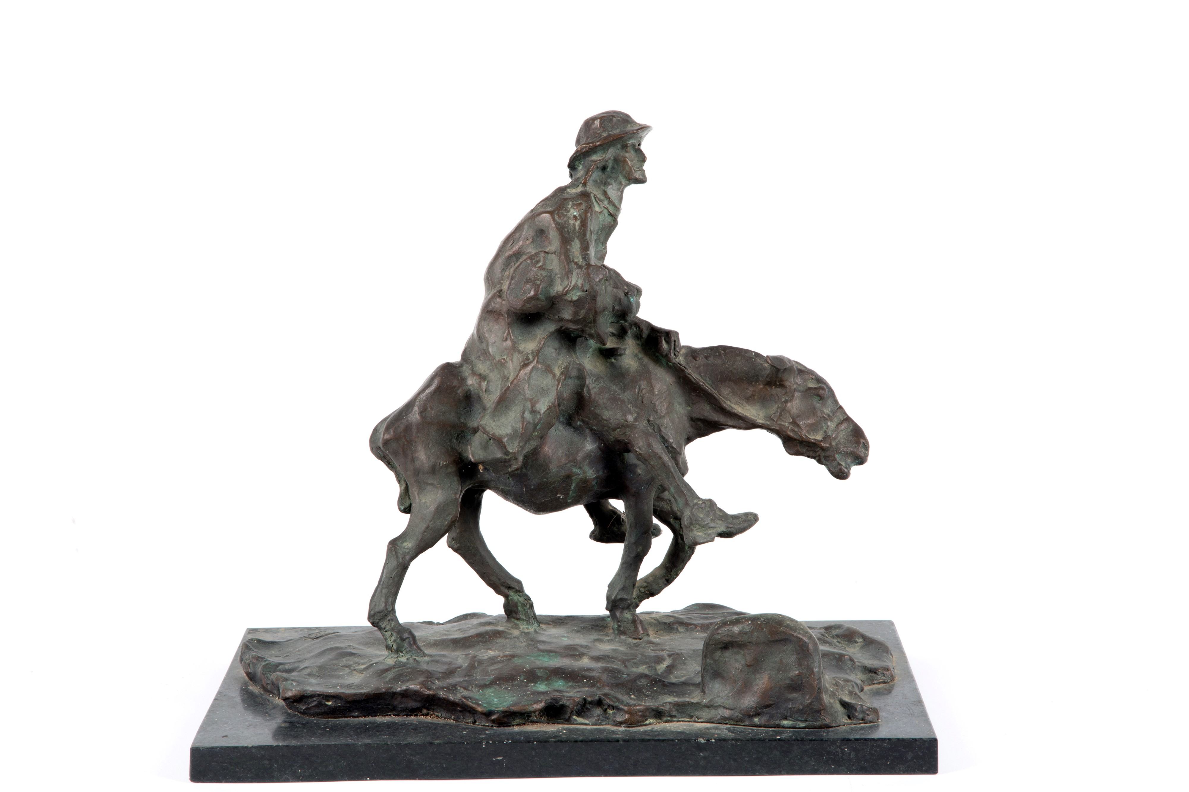 Michele Vedani - Uomo sul mulo, scultura in bronzo con base in marmo
