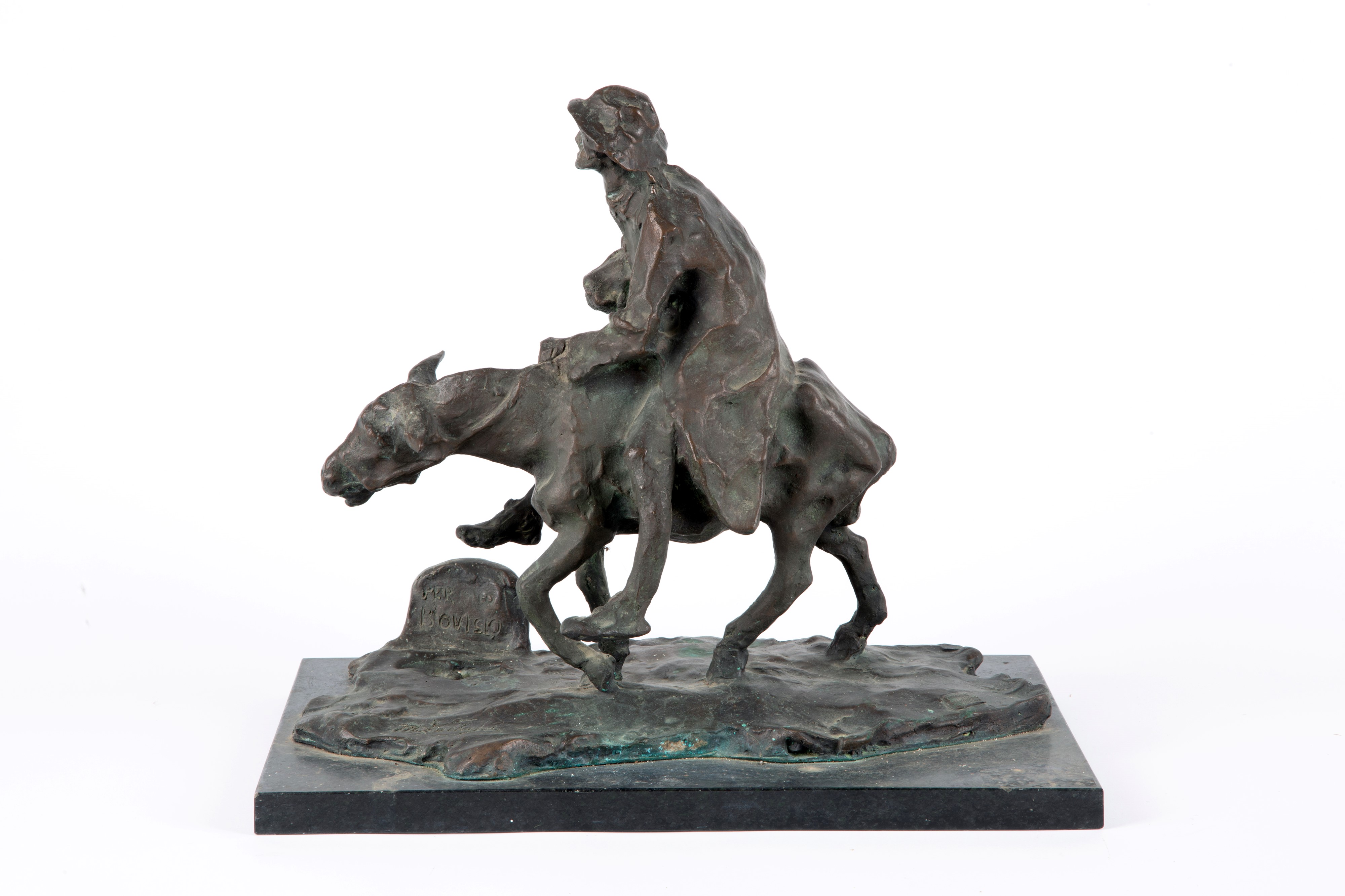 Michele Vedani - Uomo sul mulo, scultura in bronzo con base in marmo