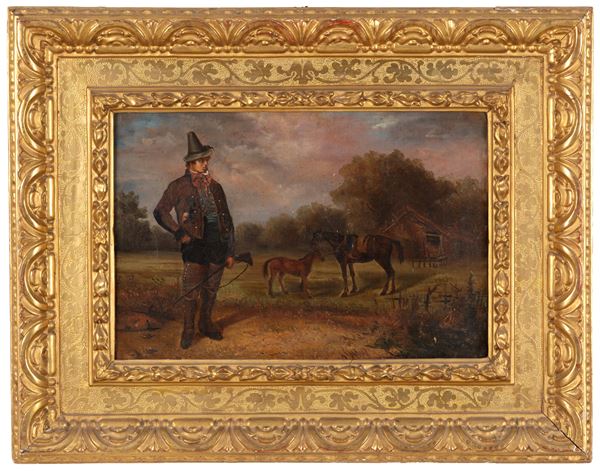 Painting "LANDSCAPE WITH HUNTER AND HORSES"