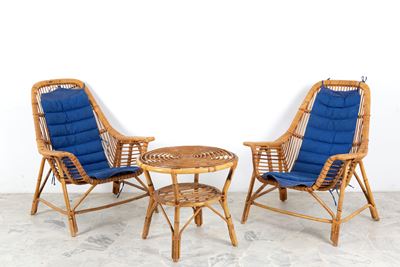 Gervasoni, Set da giardino in rattan: due poltrone e tavolino rotondo (anni '70)