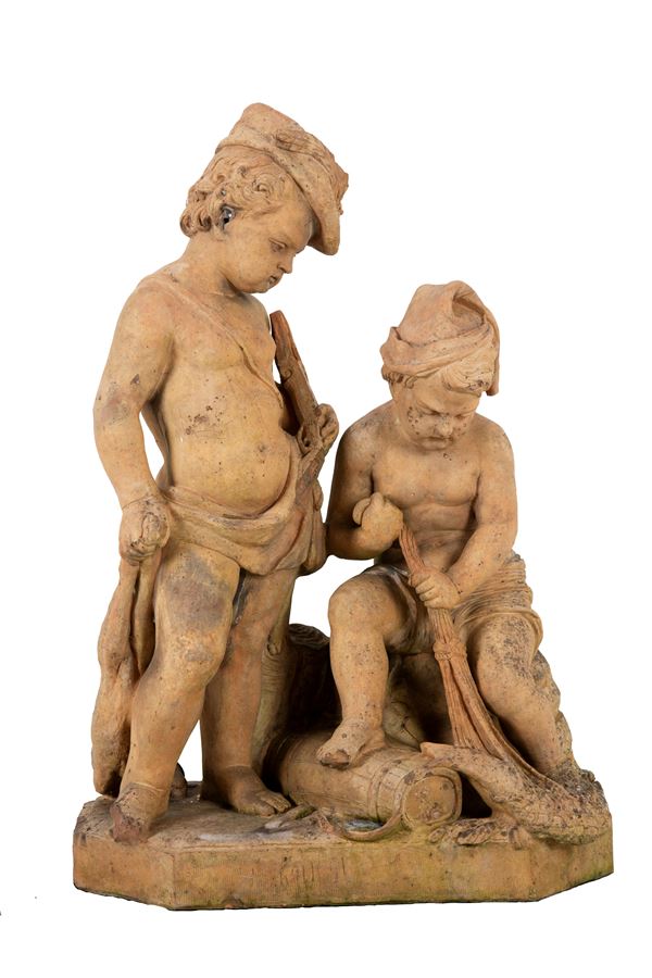 Terracotta sculpture "PUTTI AS FISHERMEN"