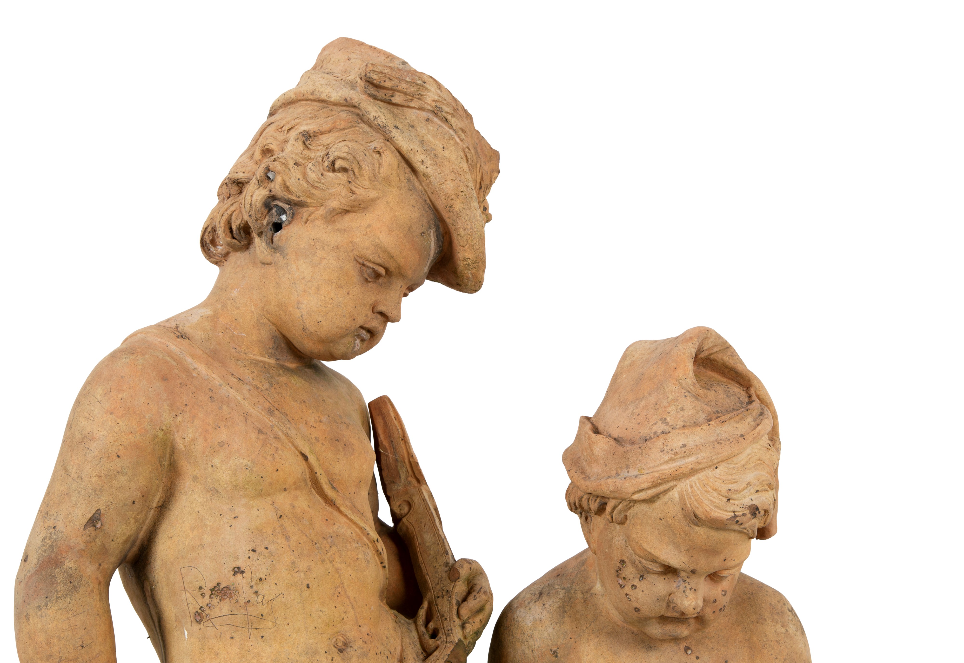Gruppo scultoreo in terracotta, Putti pescatori, fine  XIX-inizi XX secolo