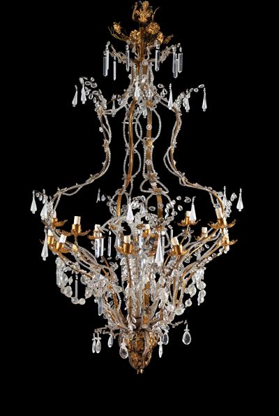 Lampadario a gabbia, ferro parzialmente dorato con perline e pendenti in vetro, XIX secolo