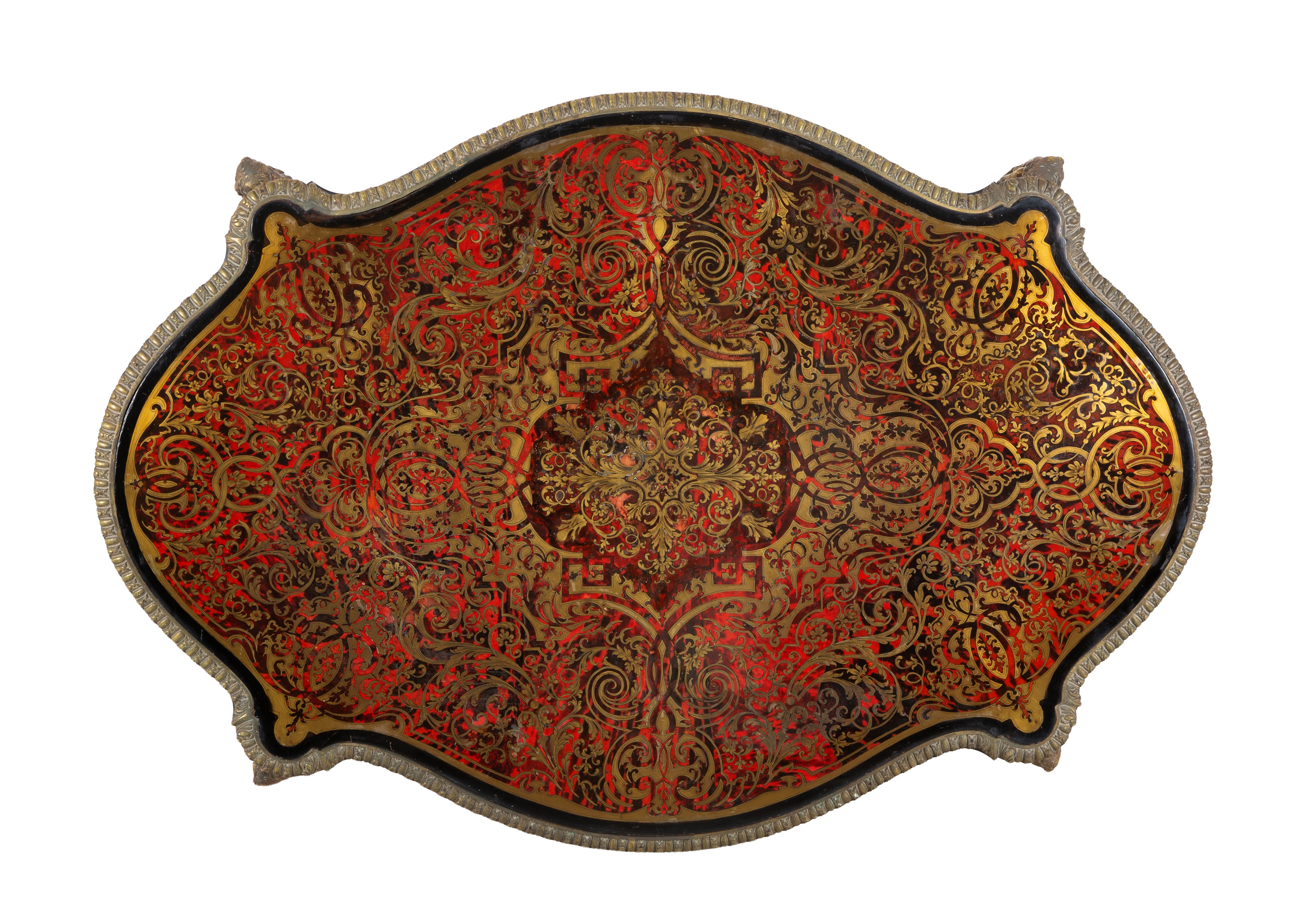 Tavolo Boulle a biscotto in legno ebanizzato, ottone e bronzo dorato
