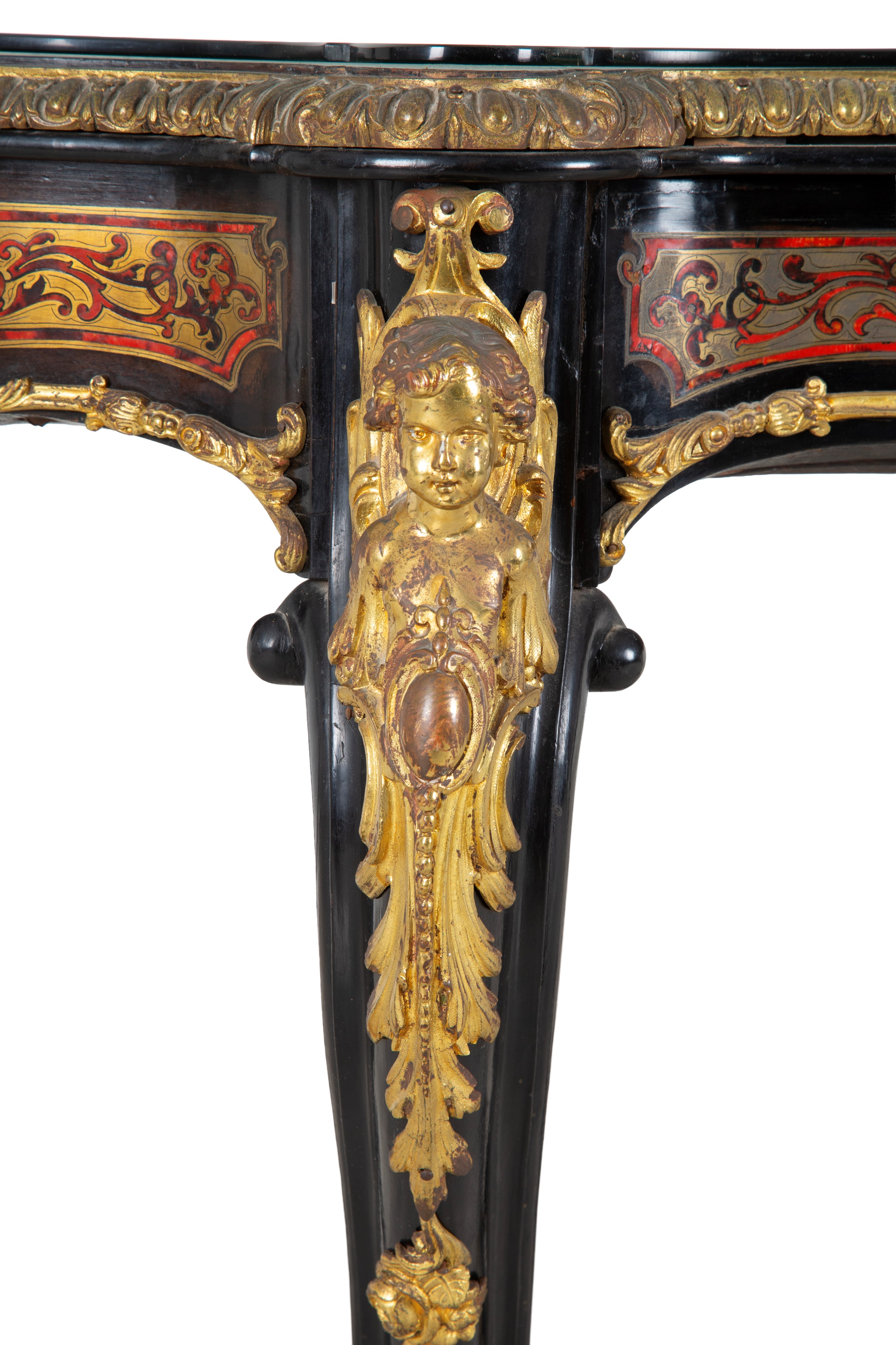 Tavolo Boulle a biscotto in legno ebanizzato, ottone e bronzo dorato