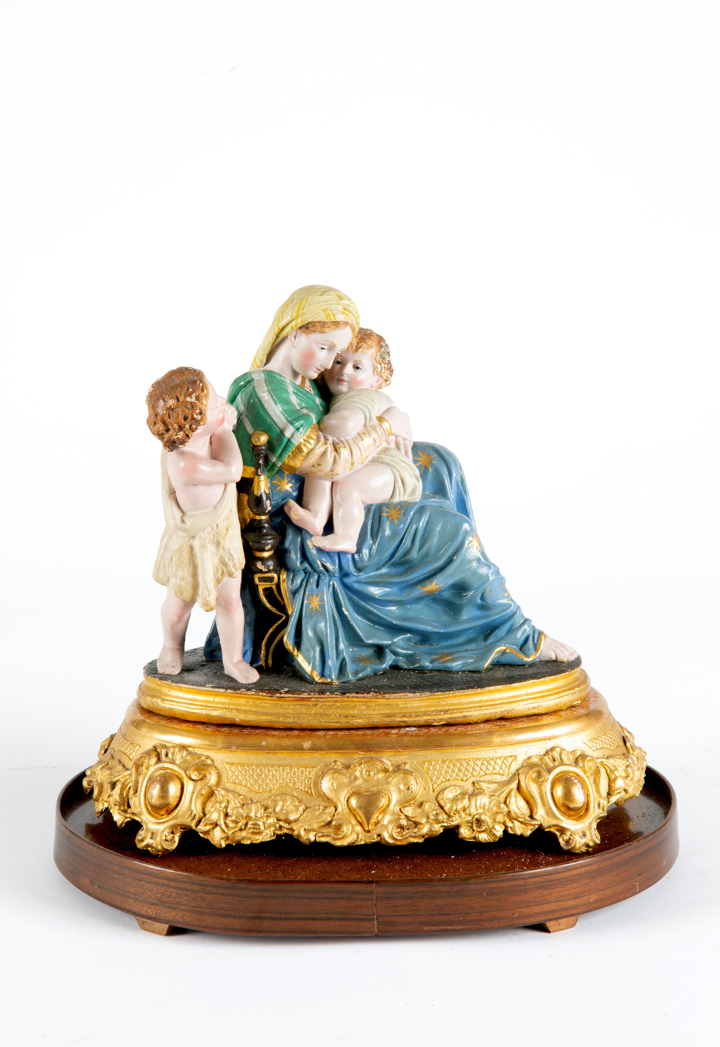 Scultura sotto campana di vetro, Madonna con Bambino e San Giovannino, gesso policromo