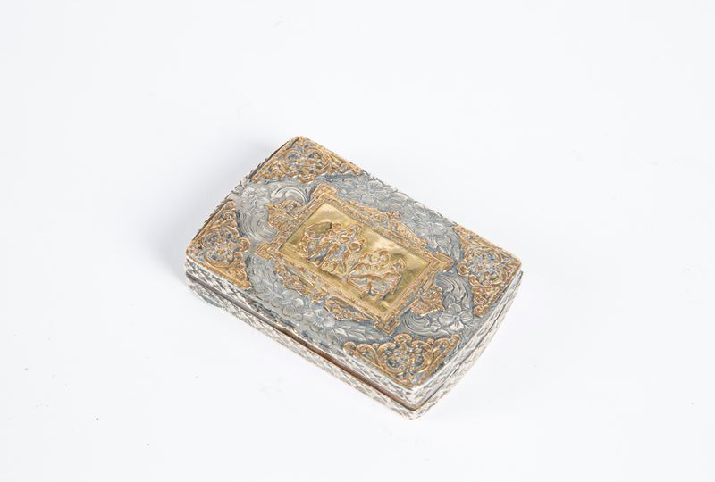 Tabacchiera in argento e oro, scena mitologica sul coperchio, inizi XIX secolo