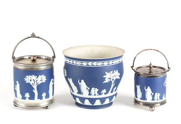 Two cylindrical boxes and a cachepot. WEDGWOOD
