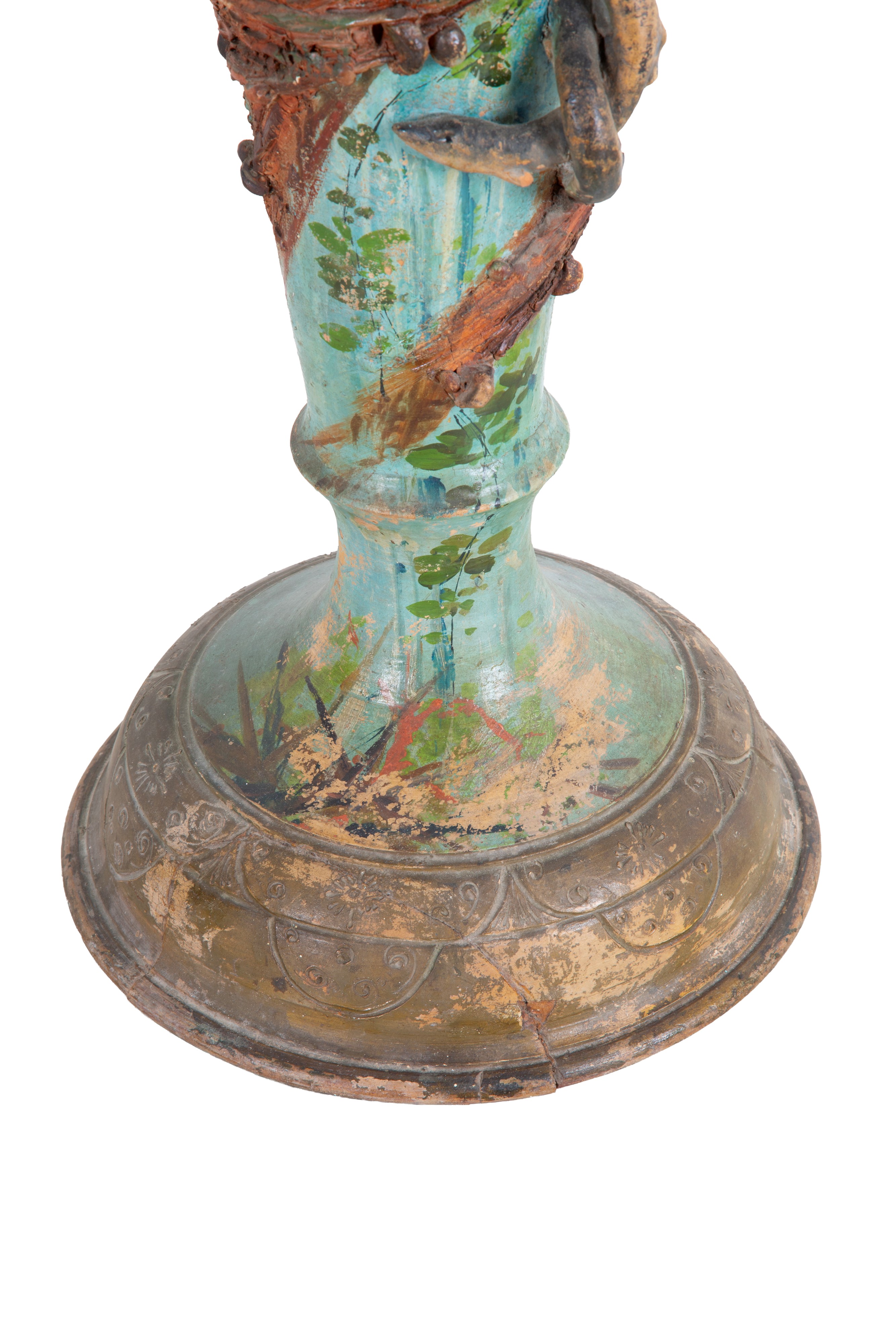 Vaso in terracotta dipinta con tritone, conchiglie e colonna decorata con polipo, circa 182 cm