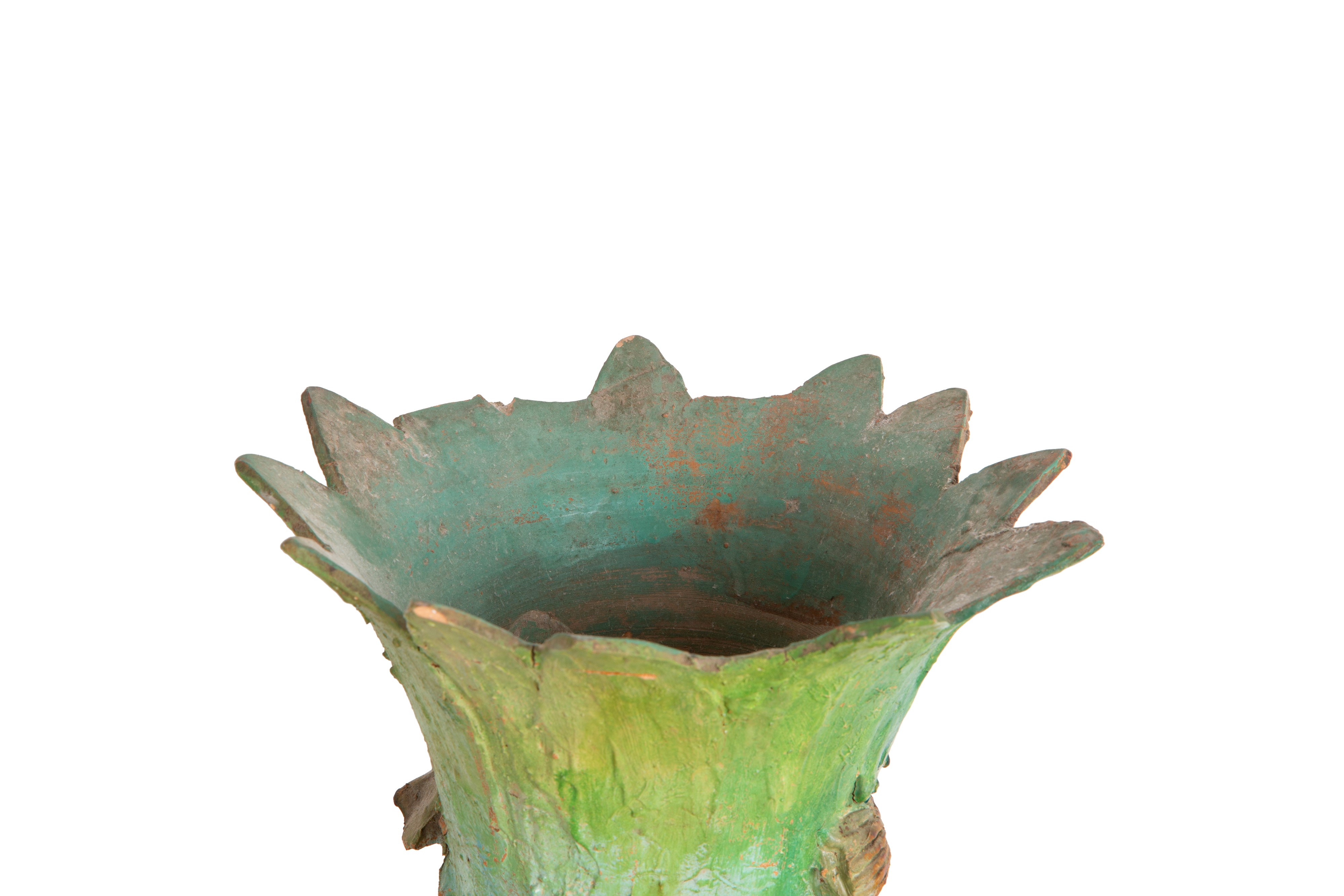 Vaso in terracotta dipinta con tritone, conchiglie e colonna decorata con polipo, circa 182 cm