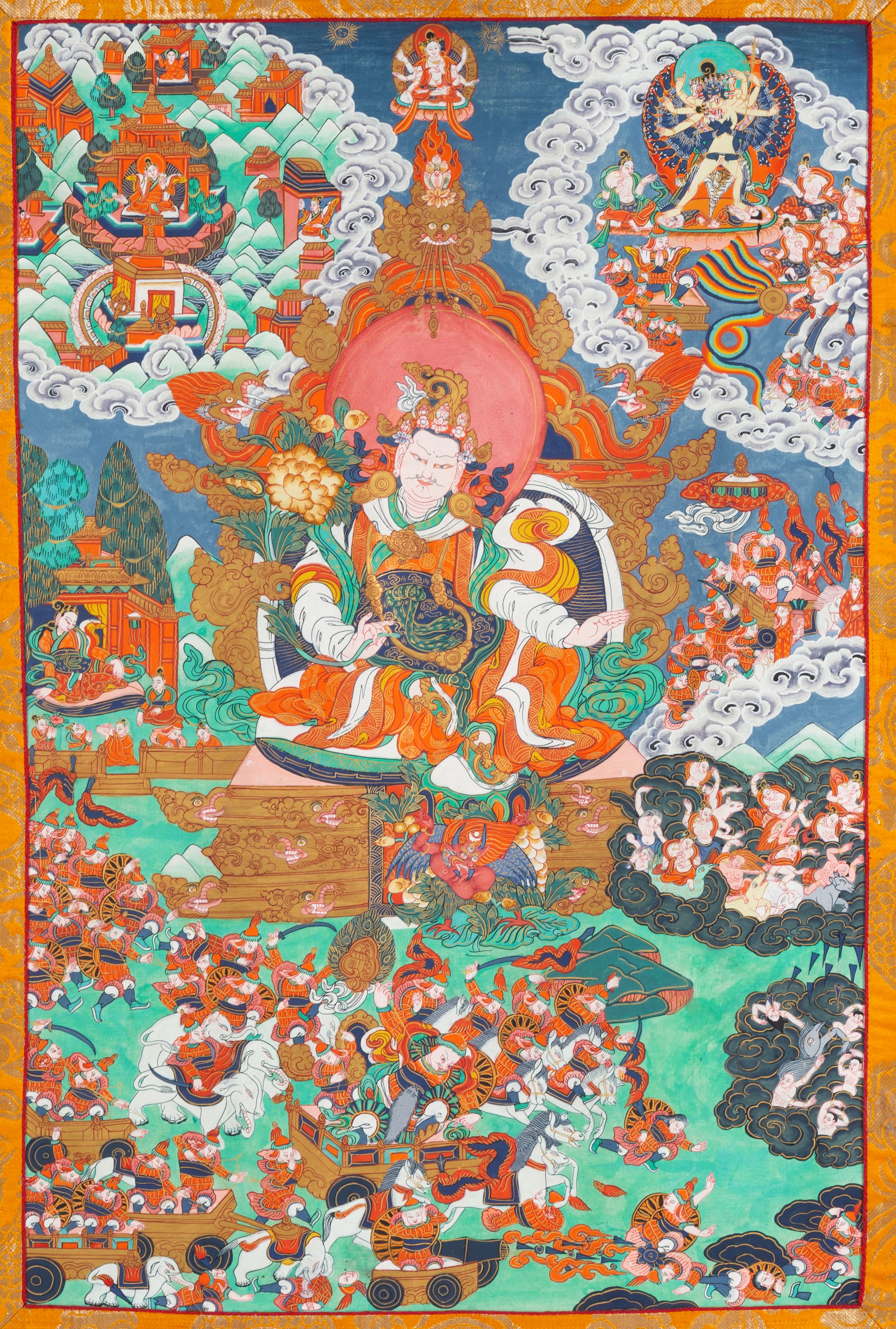 Thangka, Divinità della trazione buddhista e guerrieri, dipinto a mano su tessuto, Tibet (metà de...
