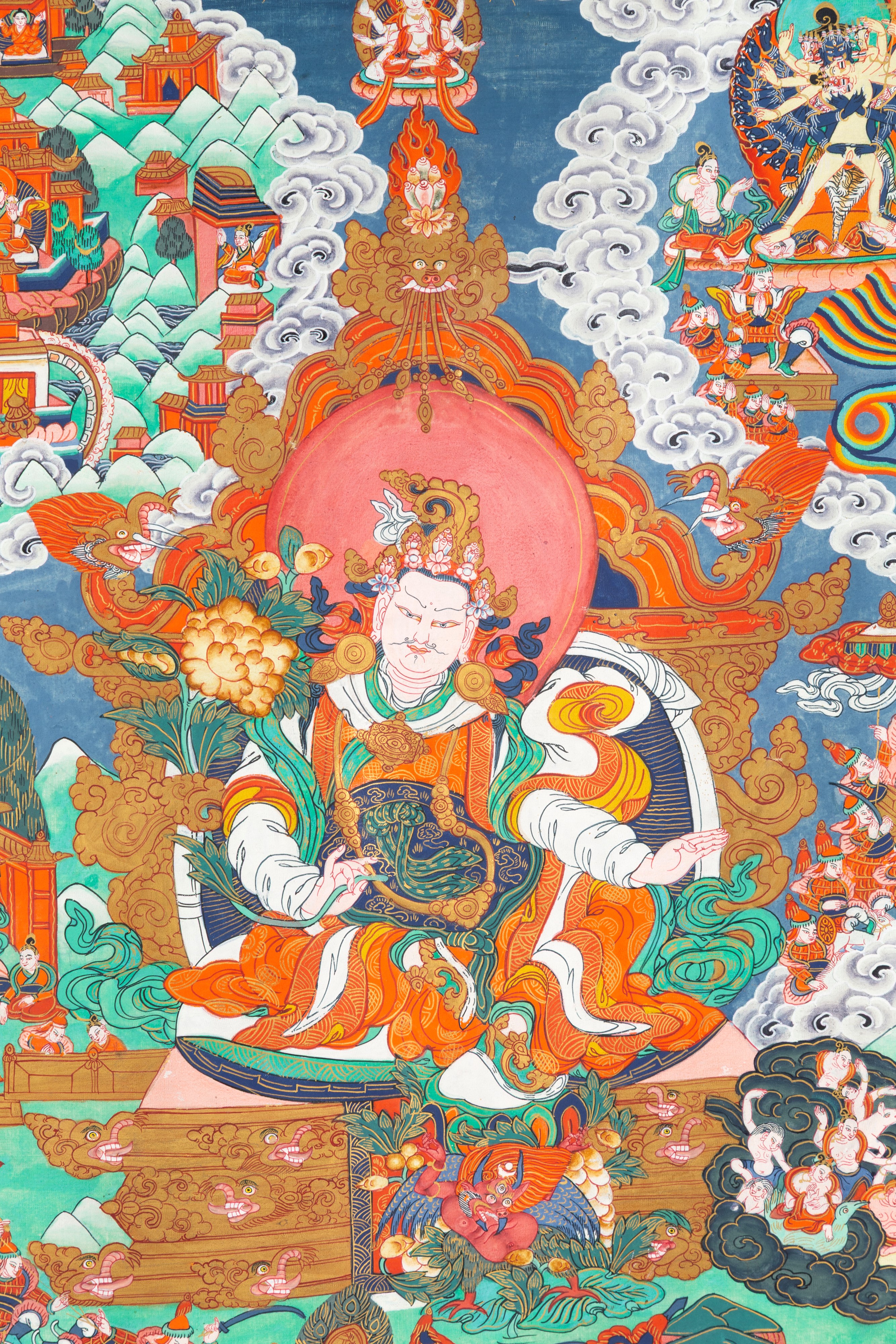 Thangka, Divinità della trazione buddhista e guerrieri, dipinto a mano su tessuto, Tibet (metà de...