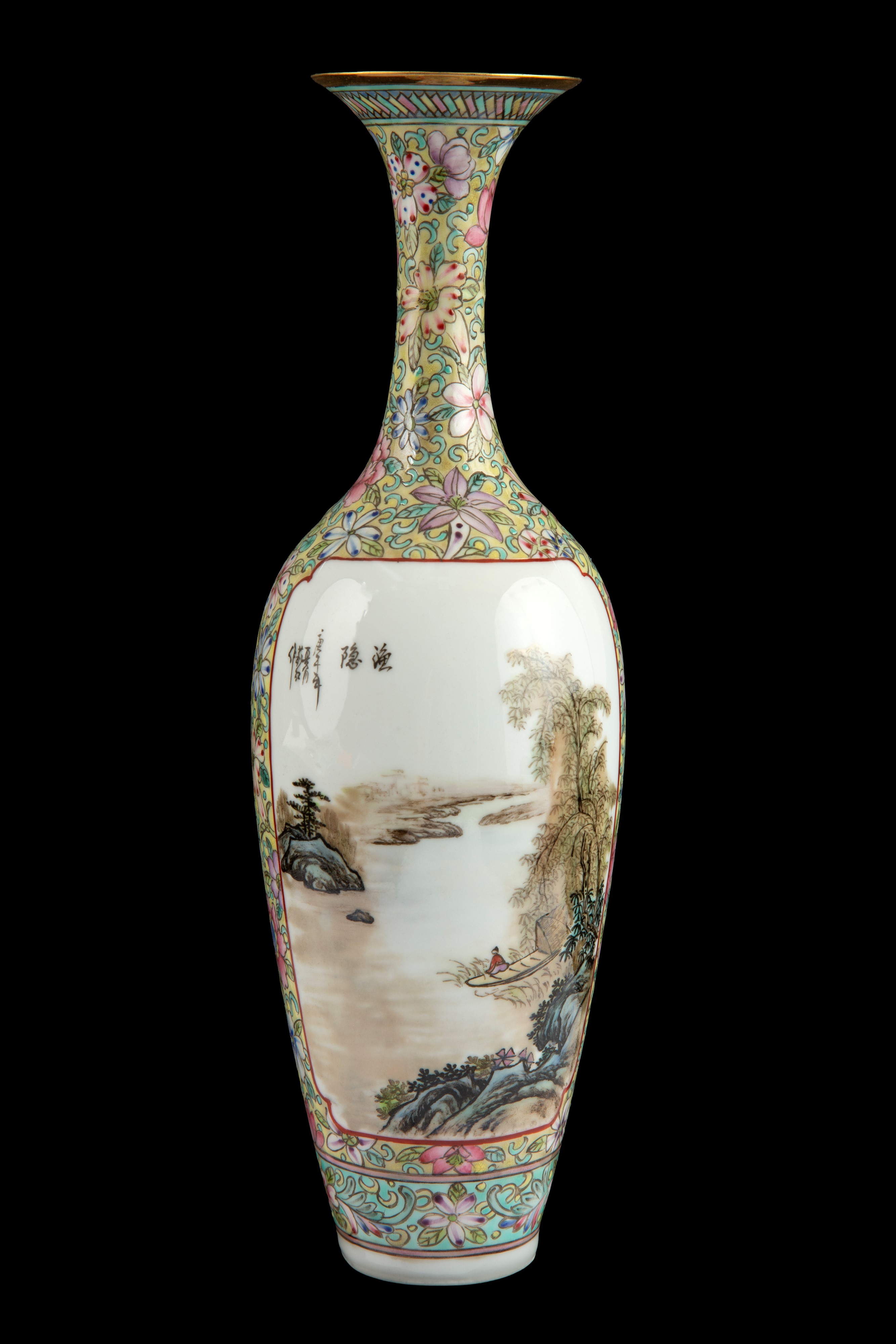 Vaso in porcellana decorato con motivi paesaggistici e scritte, Cina, inizio XX secolo
