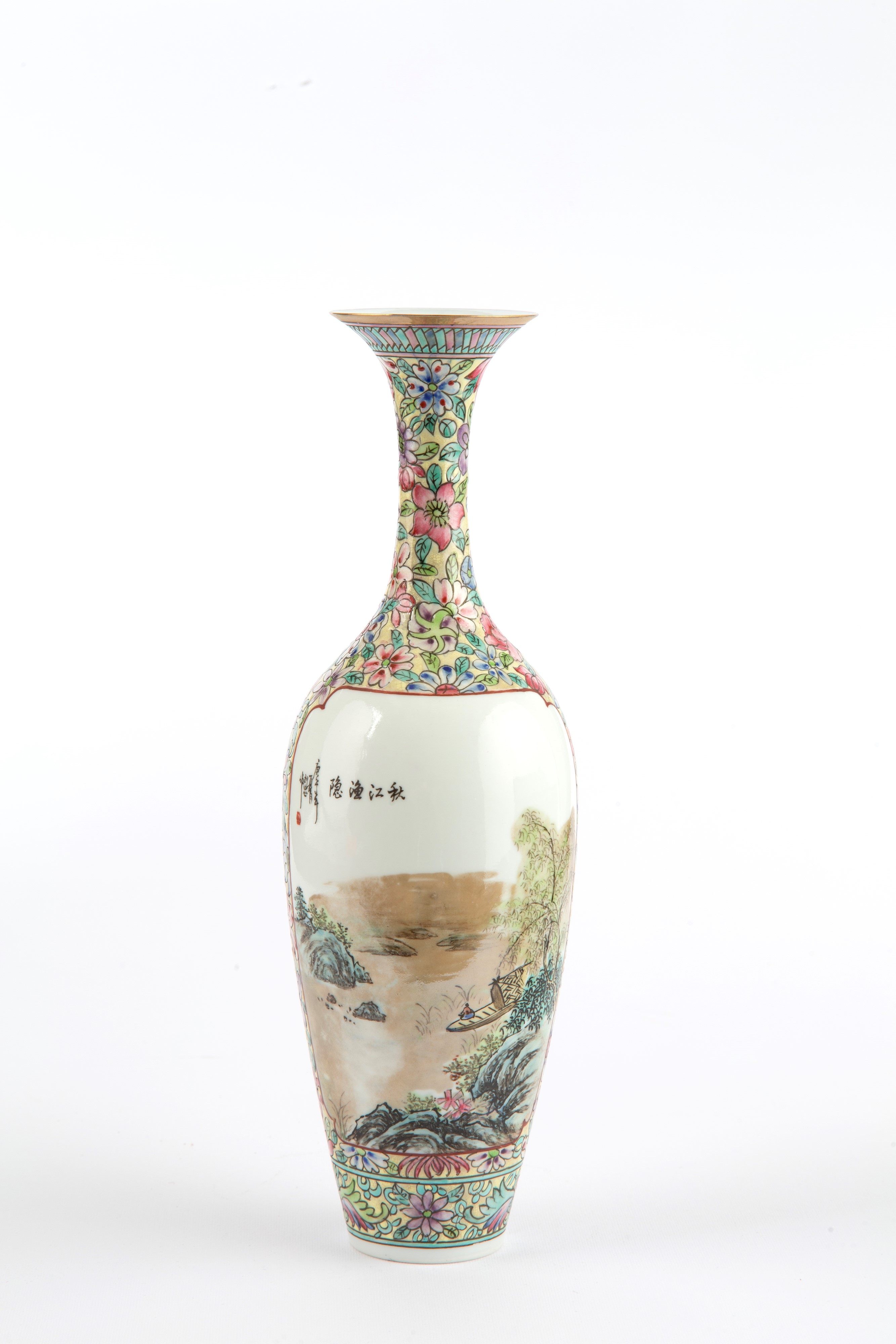 Vaso in porcellana decorato con motivi paesaggistici e scritte, Cina, inizio XX secolo
