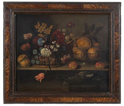 Dipinto a olio su tela, Natura morta con fiori, frutta e cacciagione (XVII secolo)