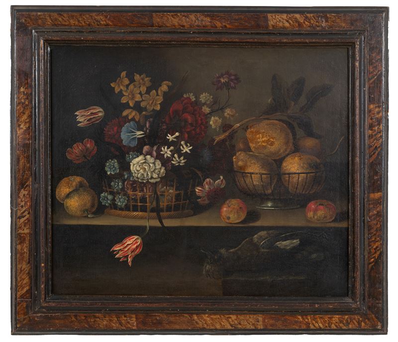 Dipinto a olio su tela, Natura morta con fiori, frutta e cacciagione (XVII secolo)