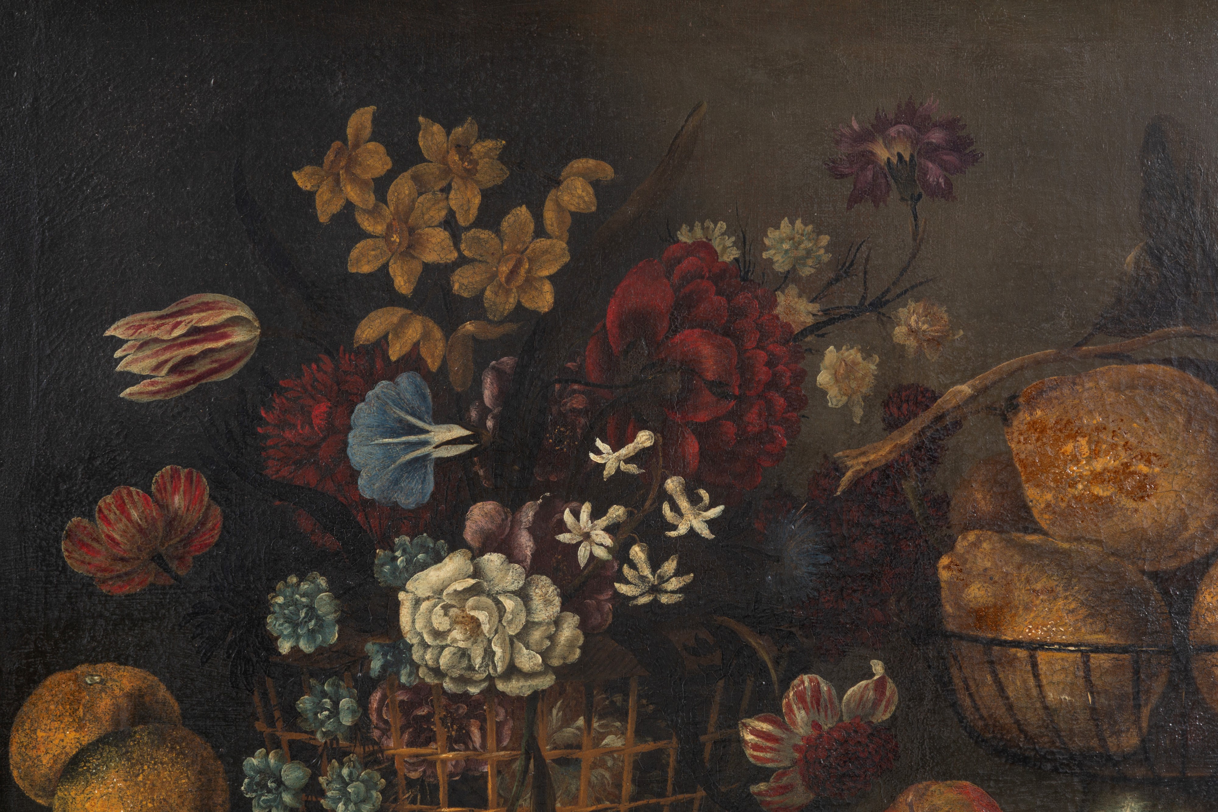 Dipinto a olio su tela, Natura morta con fiori, frutta e cacciagione (XVII secolo)