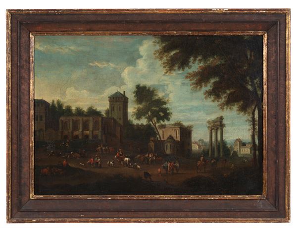 Painting "LANDSCAPE WITH ARCHITECTURE AND LIFE SCENES"
