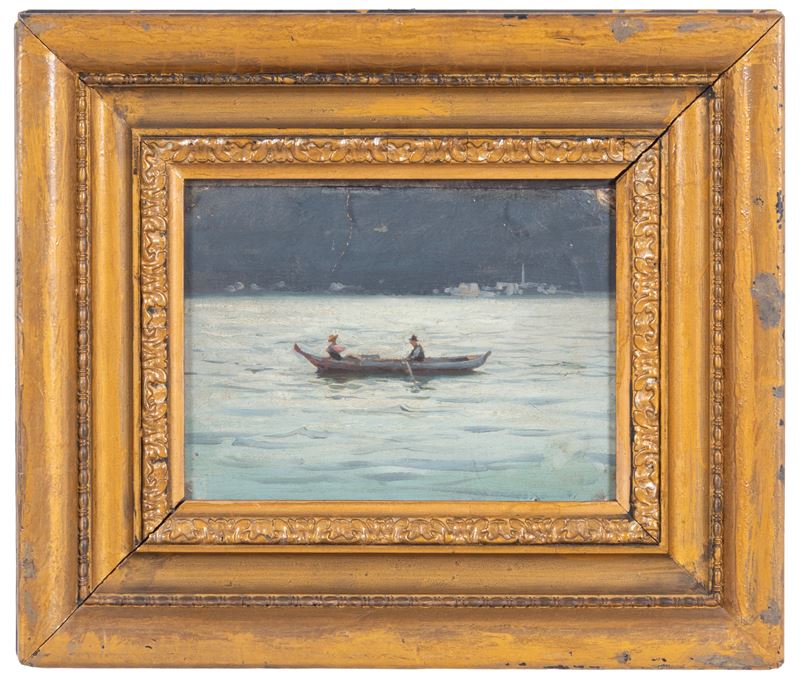 Barca in laguna, olio su cartoncino (fine  XIX - inizi XX secolo)