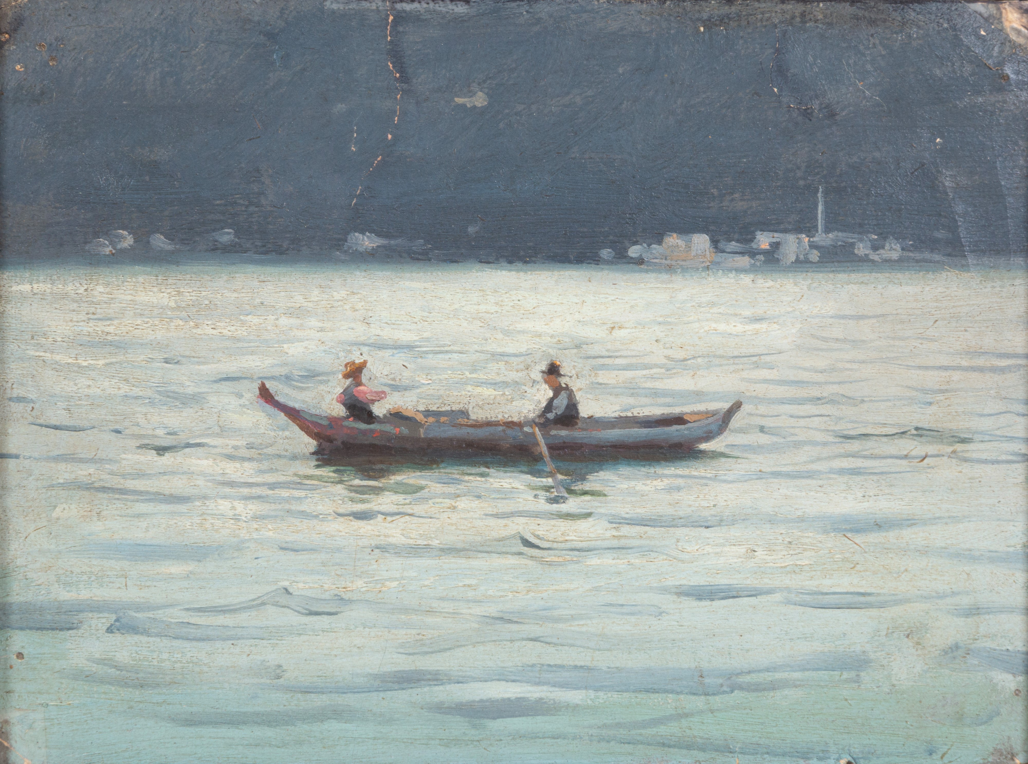 Barca in laguna, olio su cartoncino (fine  XIX - inizi XX secolo)