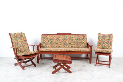 Triconfort, Set da giardino in legno esotico (divano, sdraio, sedia e tavolino pieghevoli), anni ...