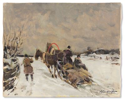 Paesaggio invernale con uomini, cavalli e slitta