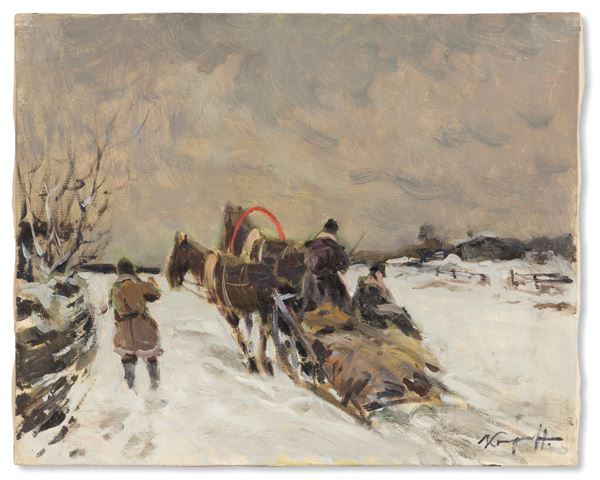 IVAN  KARPOFF - Painting "WINTER LANDSCAPE WITH MEN, HORSES, AND SLED"