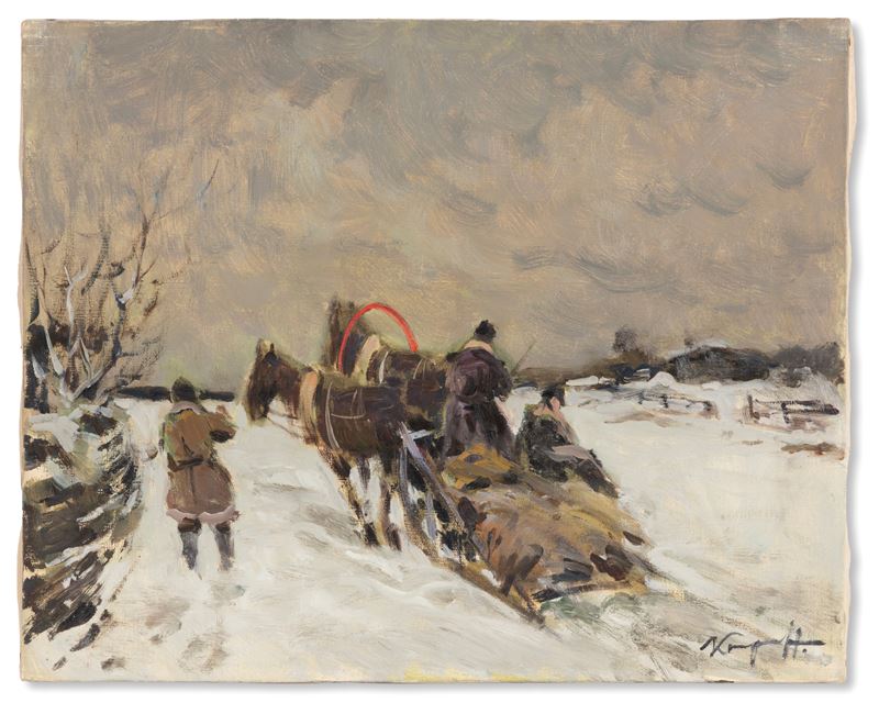 Ivan Karpoff - Paesaggio invernale con uomini, cavalli e slitta