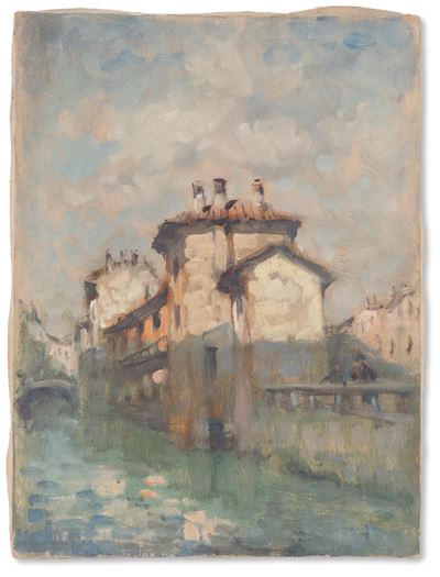 Karpovff, Veduta di canale con abitazioni, olio su tela