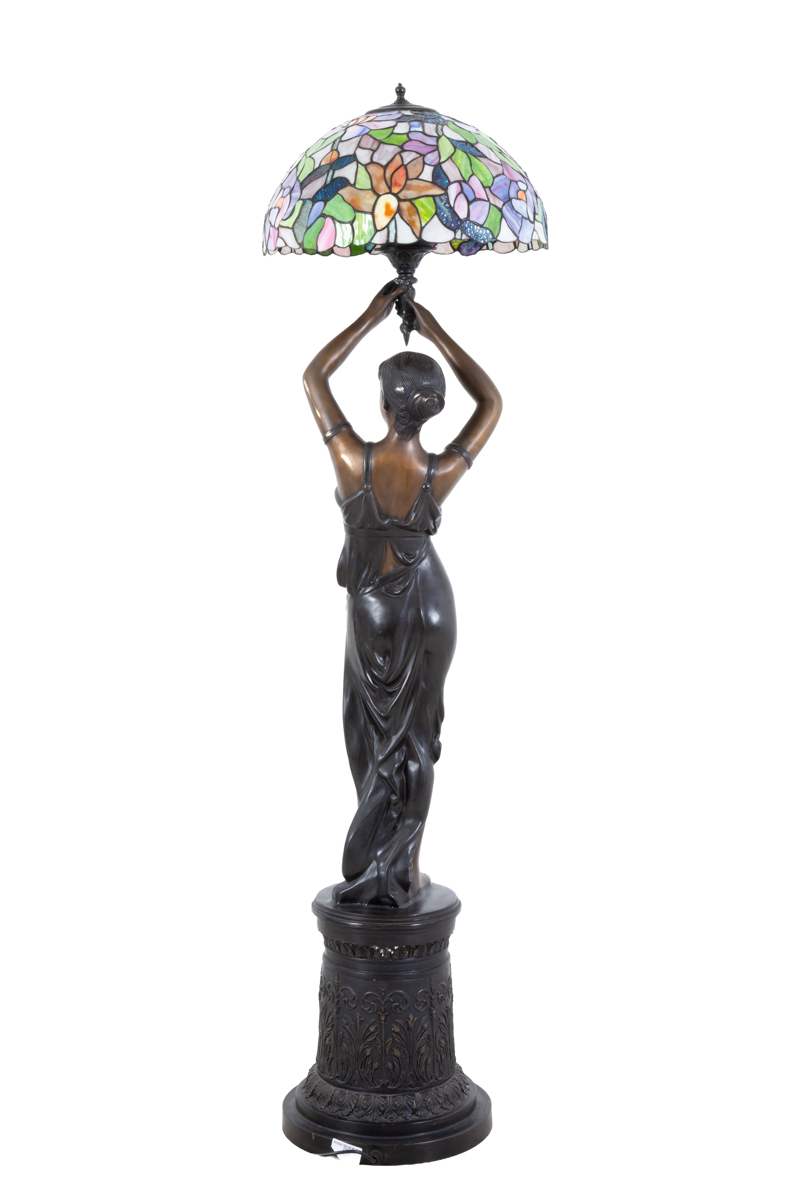 Lampada da terra a tre luci, donna stilizzata, bronzo e vetri colorati (XX secolo)