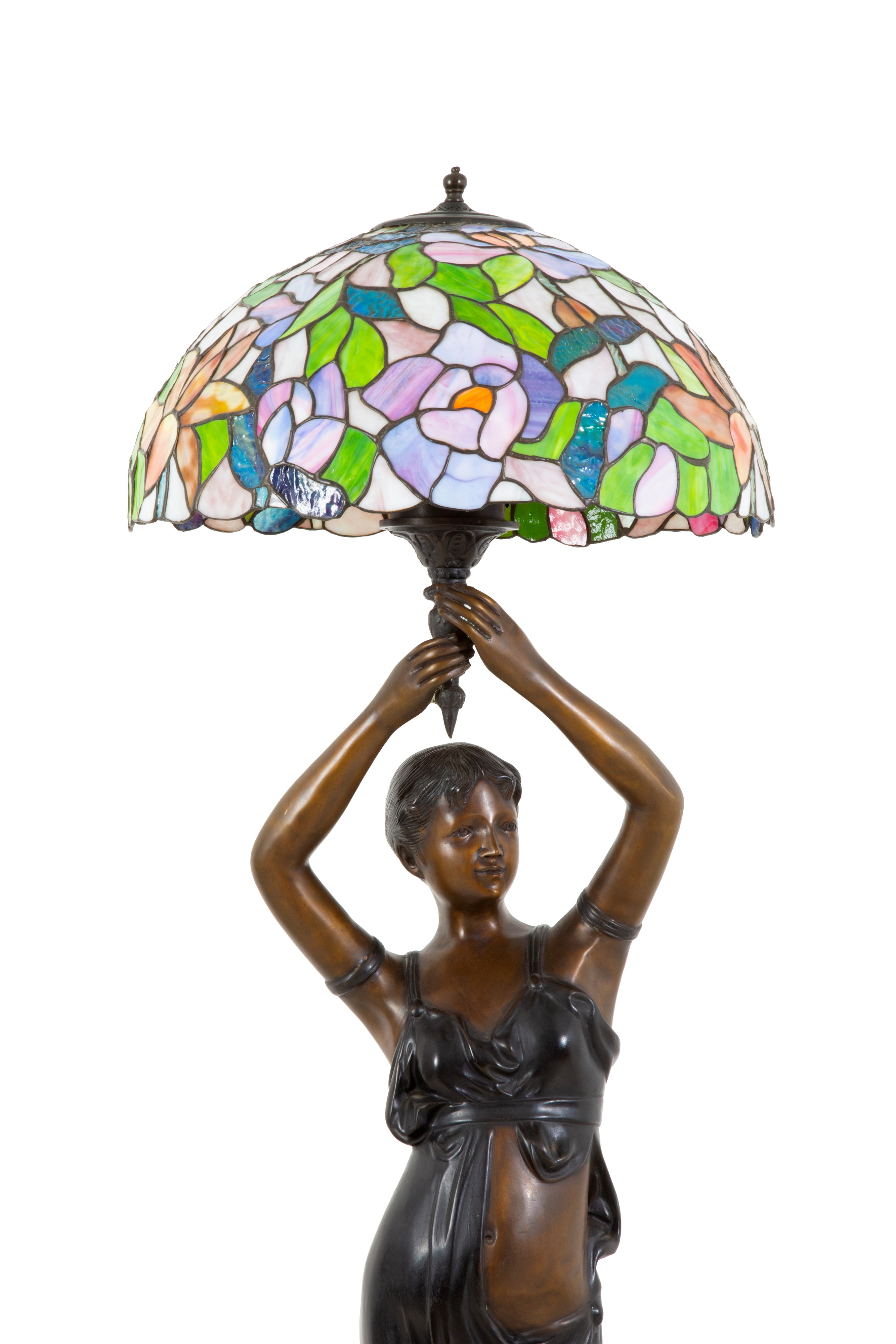 Lampada da terra a tre luci, donna stilizzata, bronzo e vetri colorati (XX secolo)