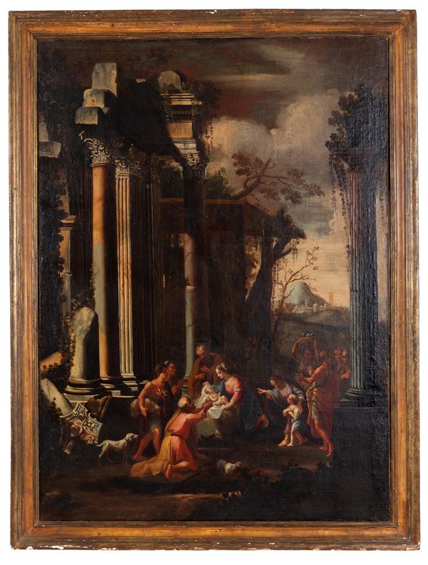 VIVIANO  CODAZZI - Painting "ARCHITECTUAL CAPRICCIO WITH ADORATION OF THE SHEPHERDS"