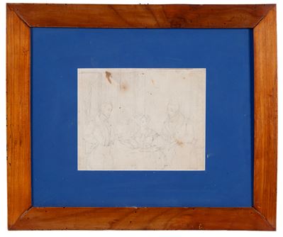 Gentiluomini con gentildonna, disegno a matita su carta (in cornice)