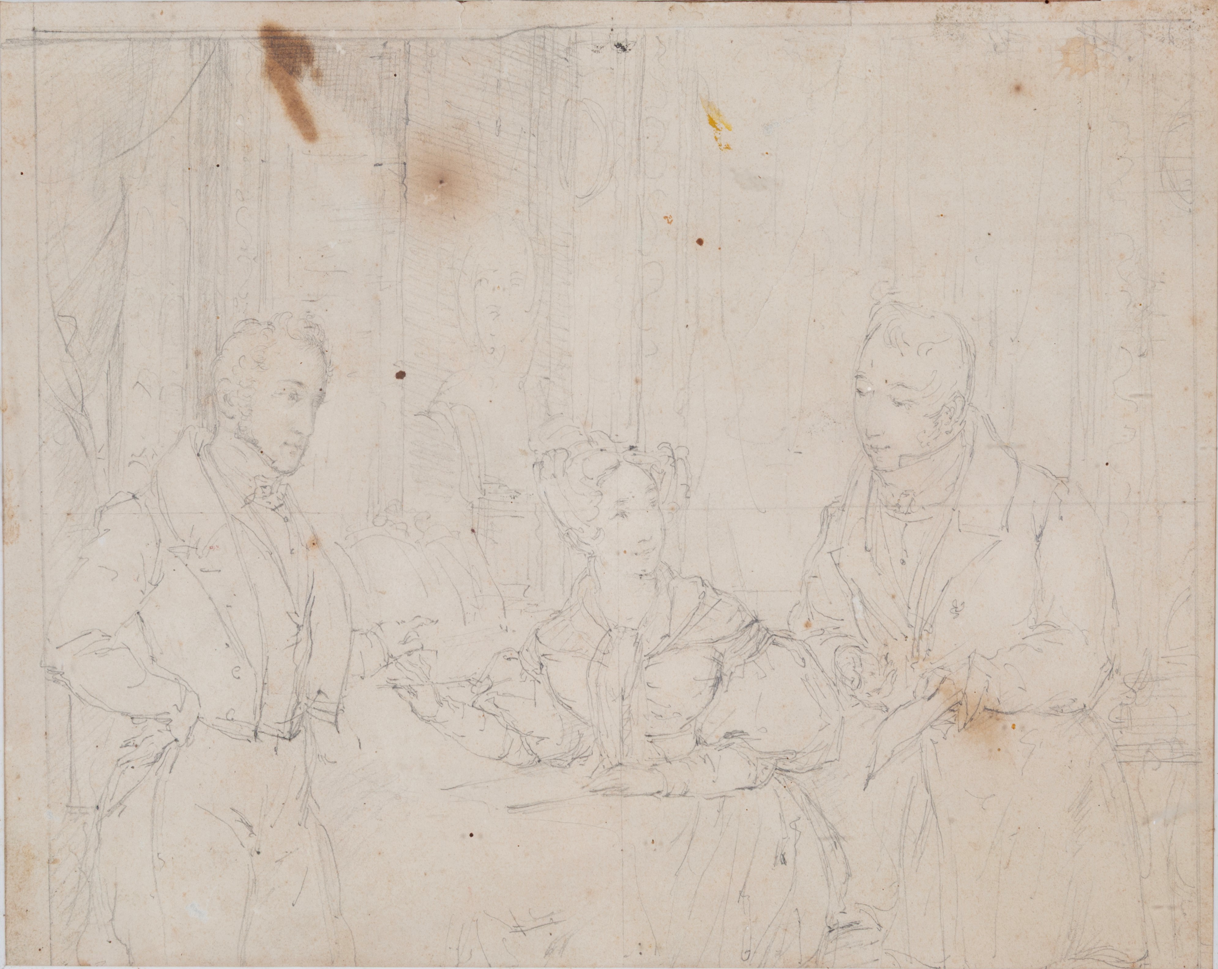 Placido Fabris - Gentiluomini con gentildonna, disegno a matita su carta (in cornice)