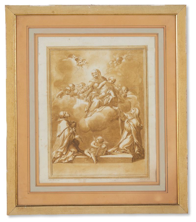 Ciro Ferri - Madonna del Rosario con San Domenico e Santa Caterina da Siena (incisione)