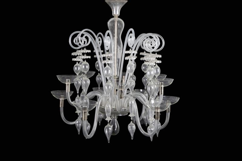 Carlo Scarpa - Lampadario Venini a dodici luci in metallo cromato e vetro/ cristallo soffiato