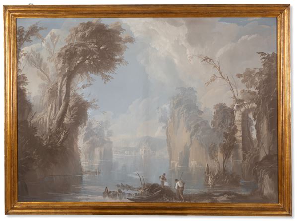 Grisaille painting "LAKE LANDSCAPE WITH FIGURES"