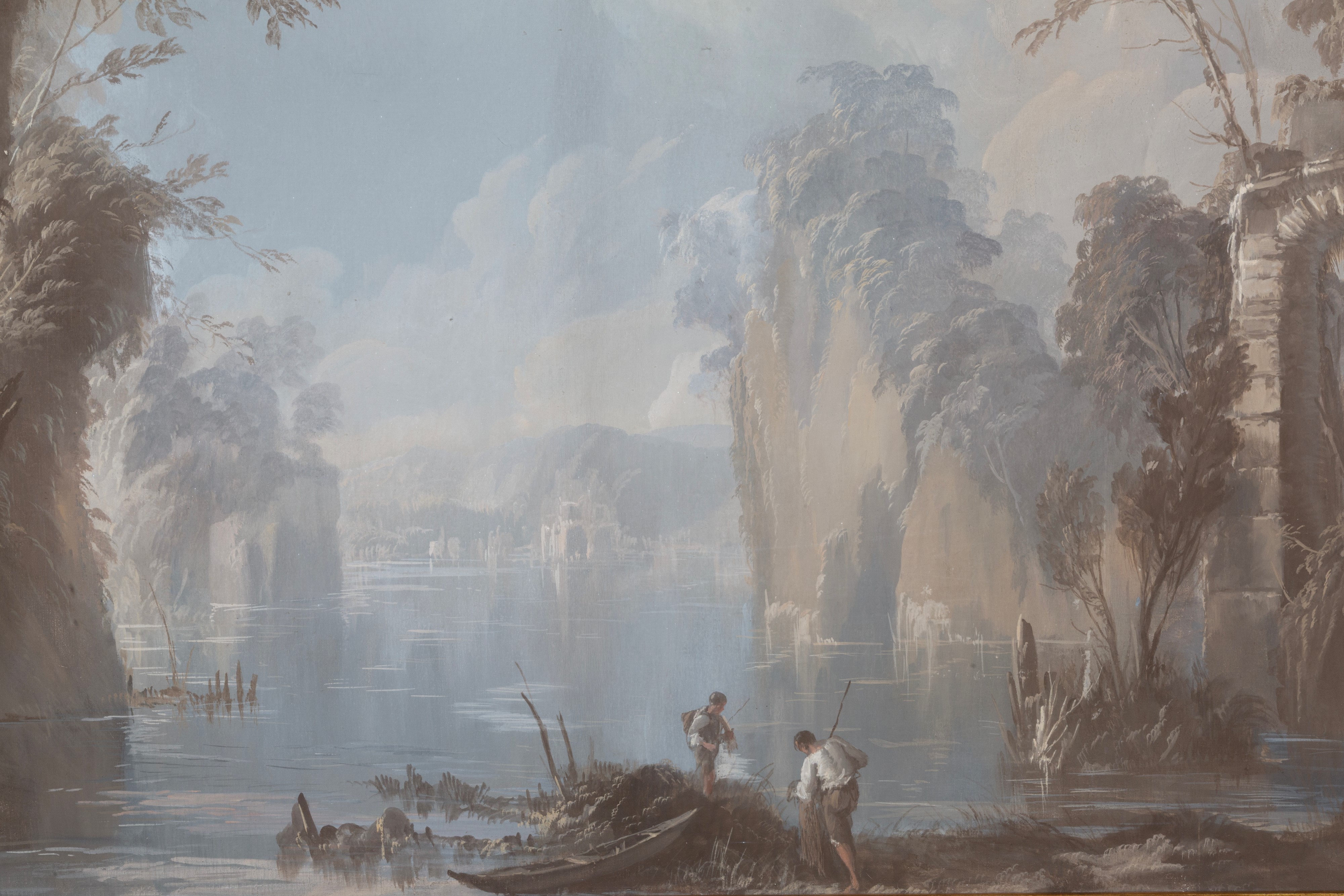 Dipinto a grisaille, Paesaggio lacustre con figure