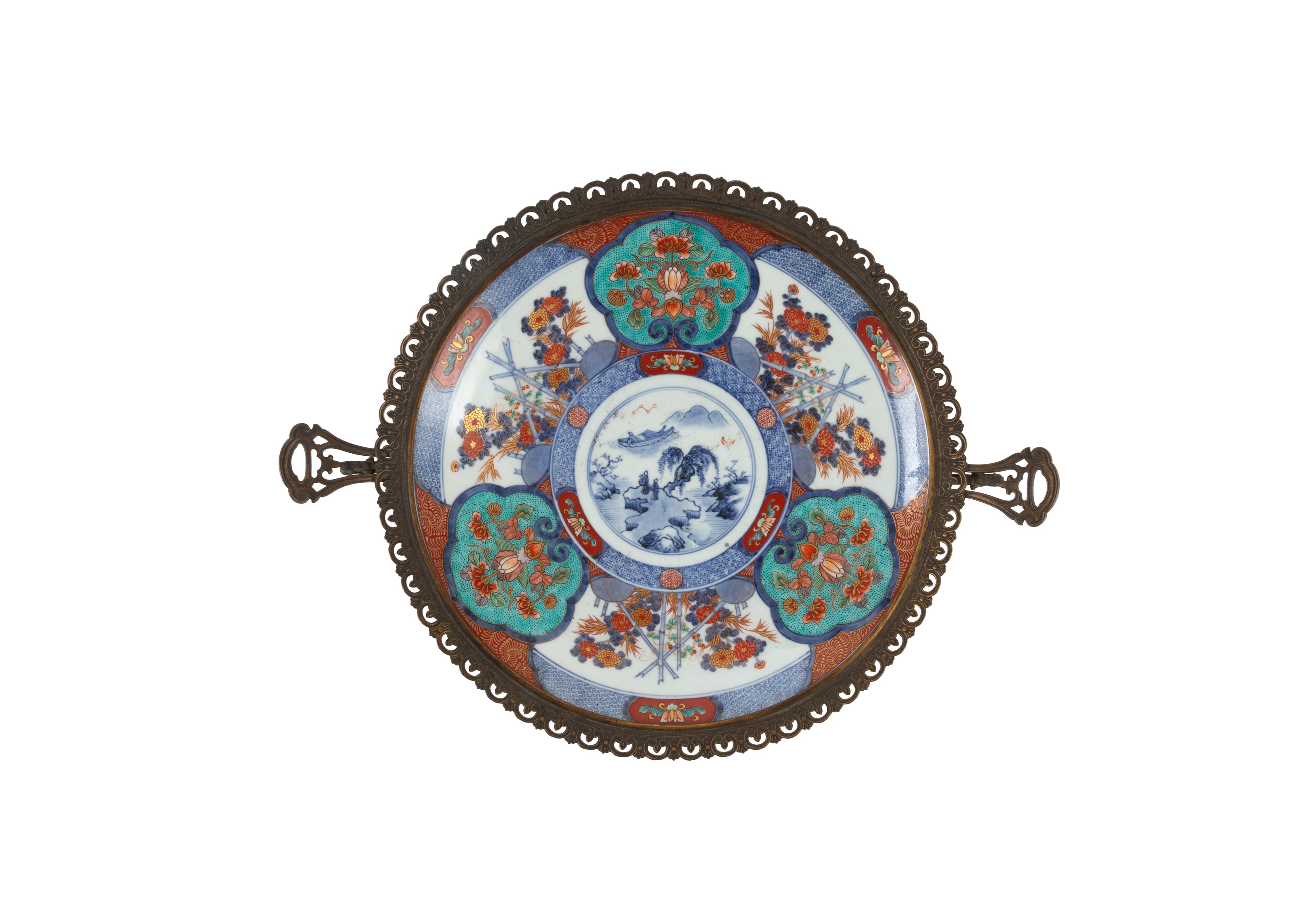 Alzatina giapponese in porcellana Imari con struttura in bronzo dorato