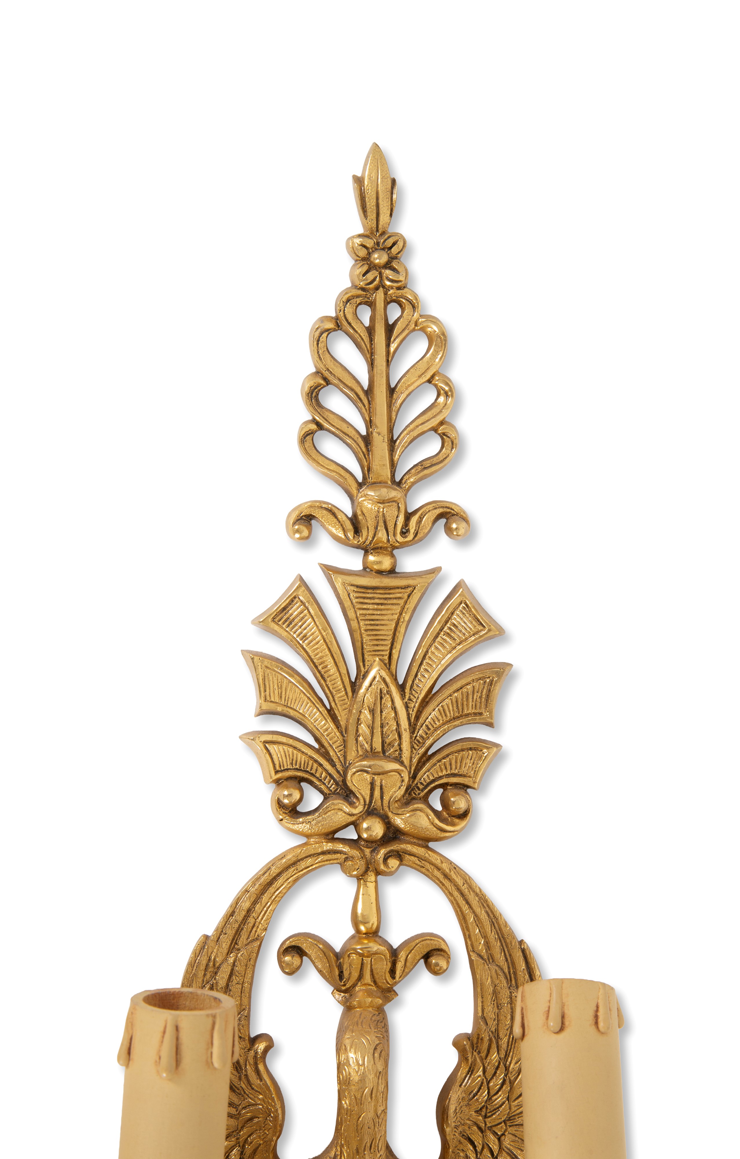 Coppia di applique, cinque luci, bronzo dorato, XX secolo