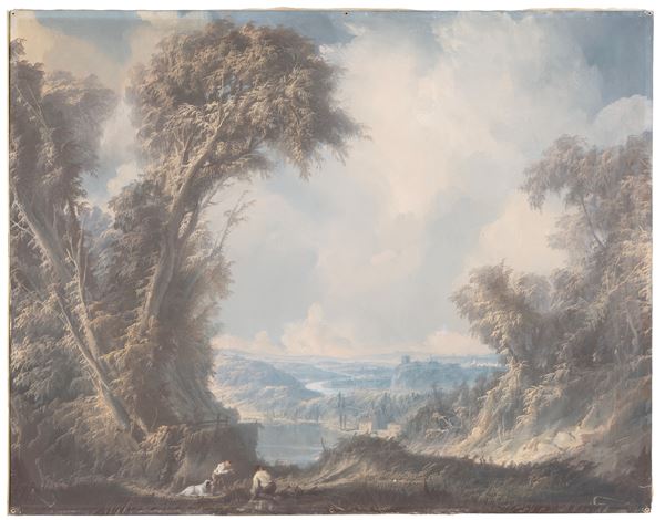 Grisaille painting "LANDSCAPE WITH FIGURES"