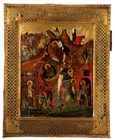 Icona della Natività di Gesù, pittura su tavola con riza dorata cesellata (Russia, inizi XIX seco...