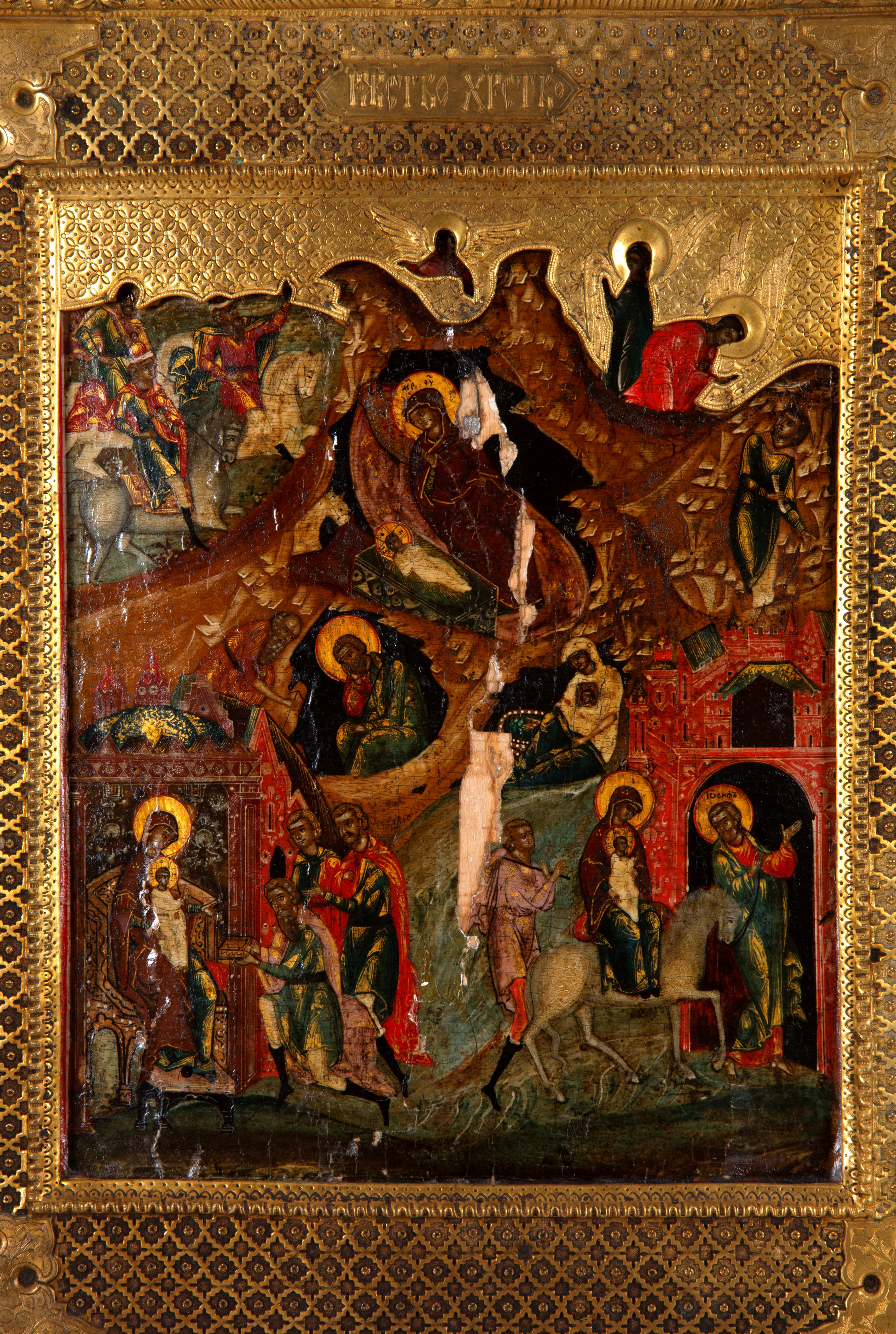 Icona della Natività di Gesù, pittura su tavola con riza dorata cesellata (Russia, inizi XIX seco...