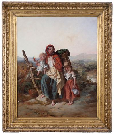 Dipinto raffigurante Contadina con bambini, olio su tela, XIX secolo
