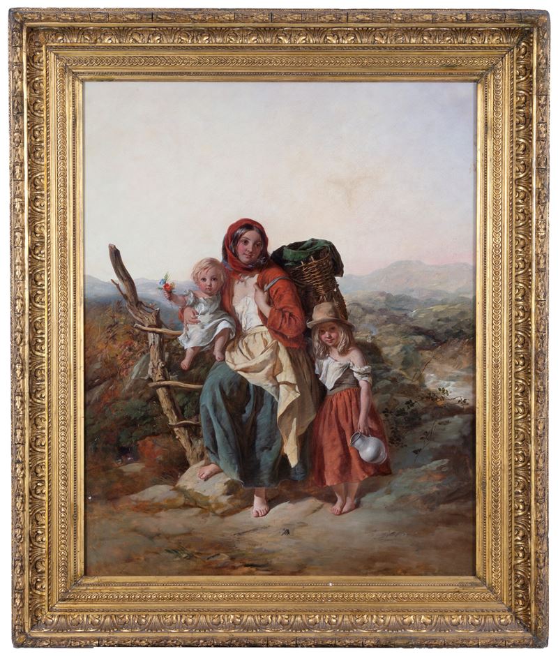 Dipinto raffigurante Contadina con bambini, olio su tela, XIX secolo