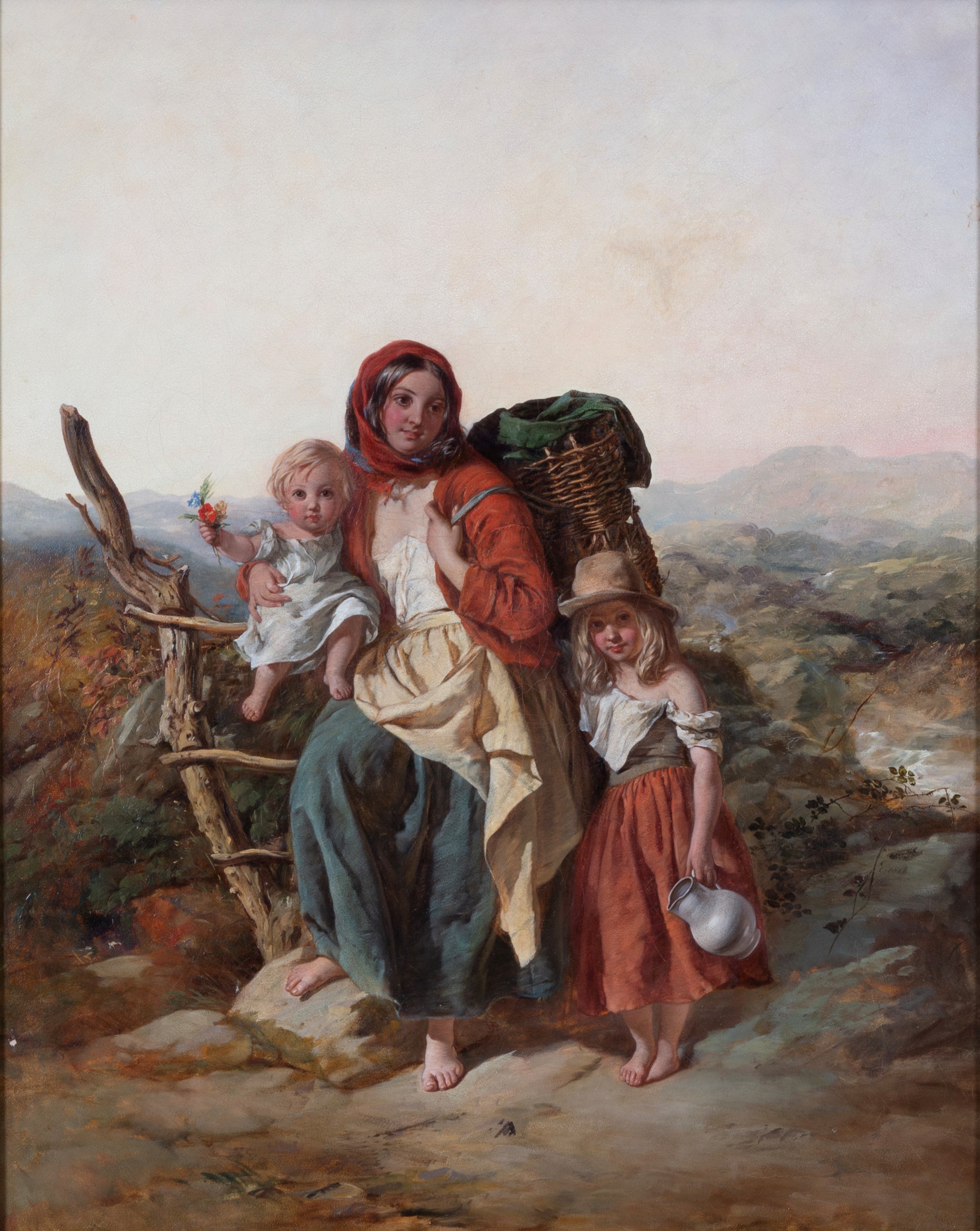 Dipinto raffigurante Contadina con bambini, olio su tela, XIX secolo