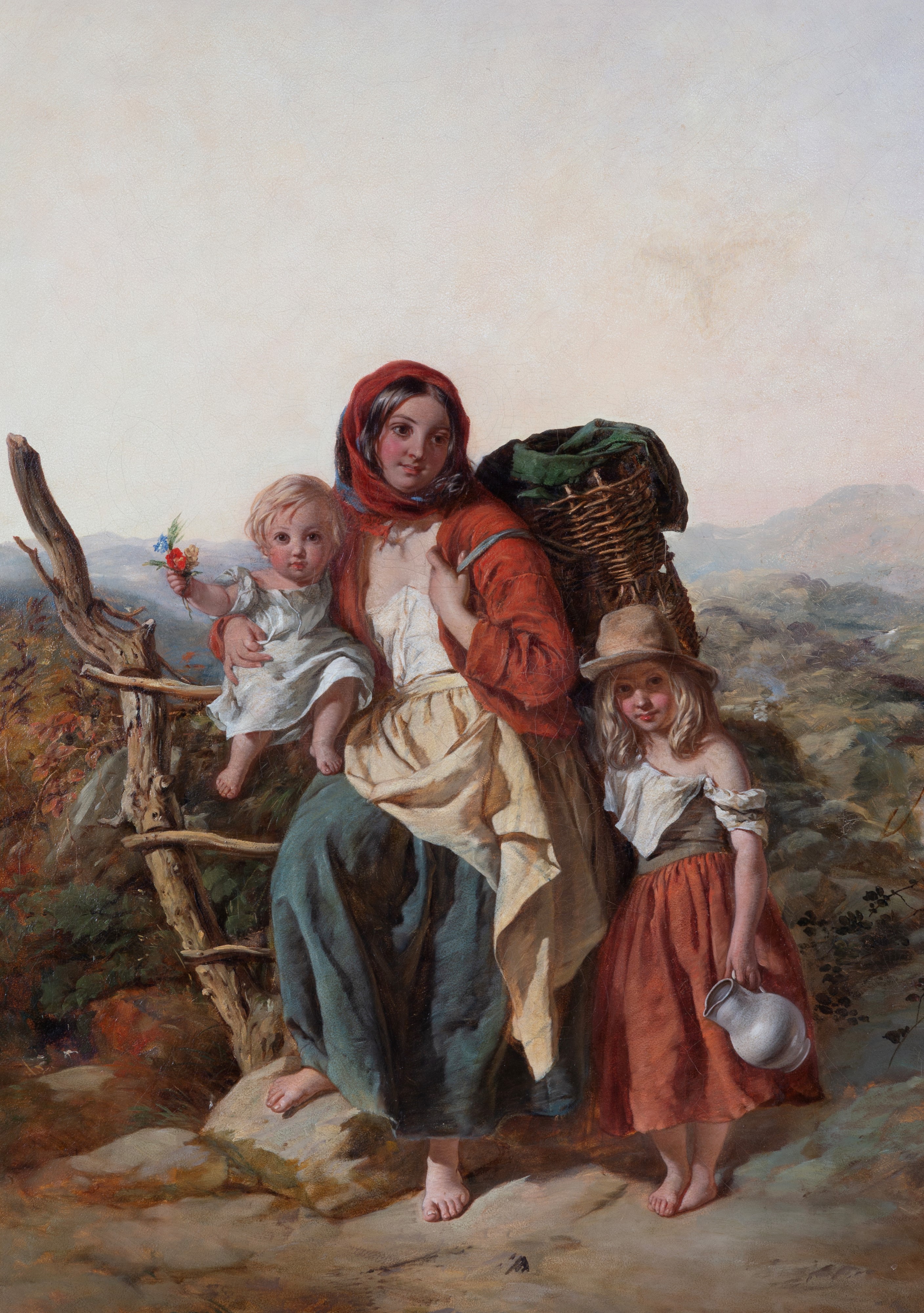 Dipinto raffigurante Contadina con bambini, olio su tela, XIX secolo