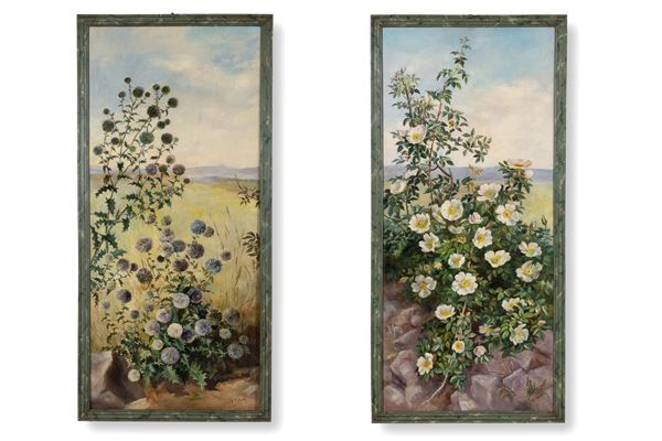 Pair of paintings "LANDSCAPES WITH FLOWERS"