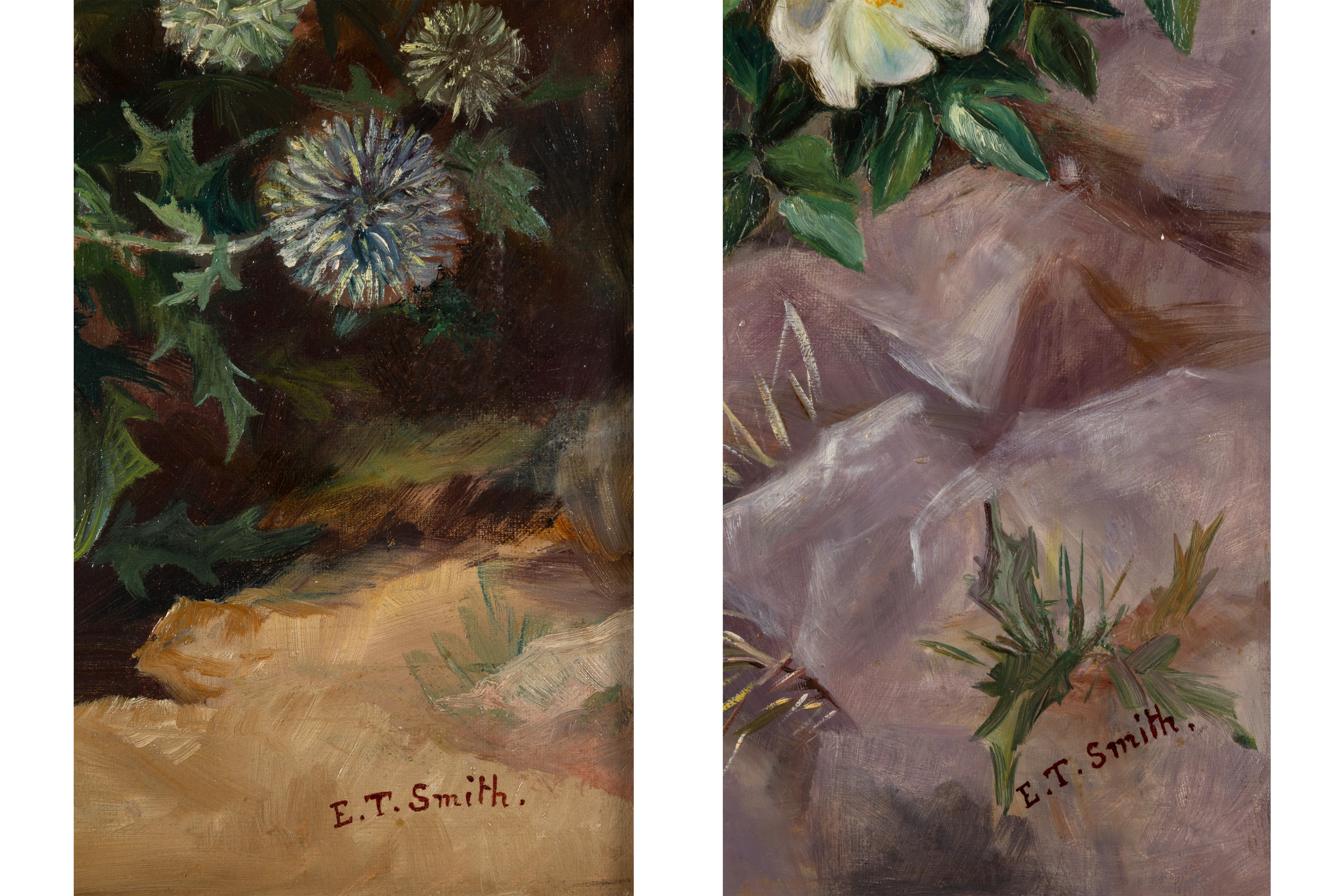 E. T. Smith, Paesaggi con fiori (coppia di dipinti) — olio su tela